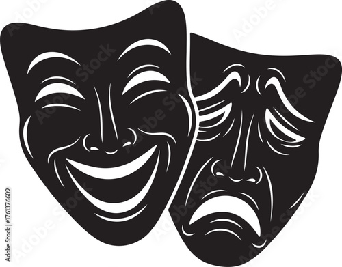 Two theatrical masks representing comedy and tragedy on transparent background silhouette