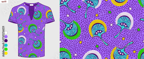 seamless African floral Hawaiian aloha fabric pattern mockup on an abstract geometric lines background. Ankara fabric printing concept. Fashion, clothing, and culture. Not AI.