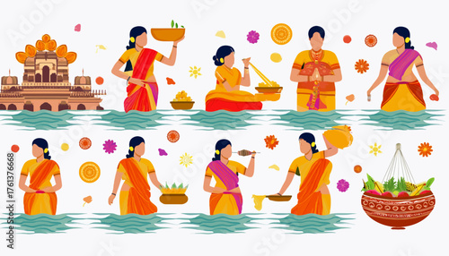 Illustrative depiction of Indian women performing traditional rituals near water, with temple.