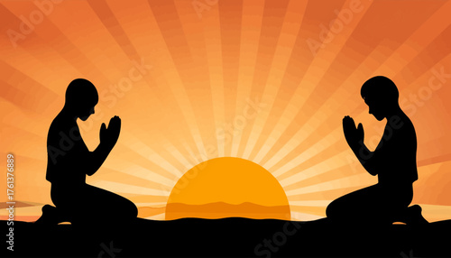 Two silhouetted figures kneeling in spiritual prayer or meditation against a vibrant, radiant sunset.