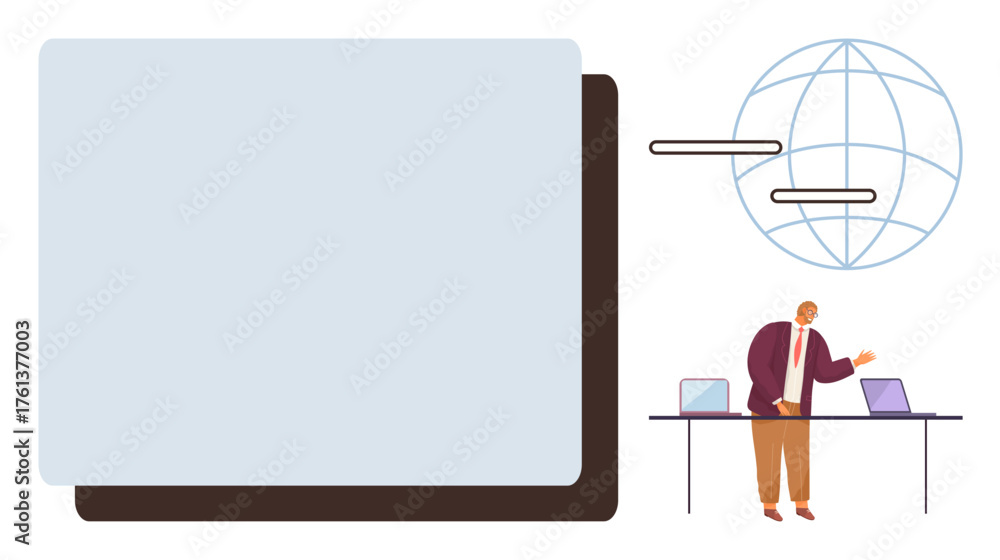Fototapeta premium Businessperson standing by tables with laptops, gesturing at a screen. Globe with connections illustrates global communication. Ideal for teamwork, technology, networking, innovation, education