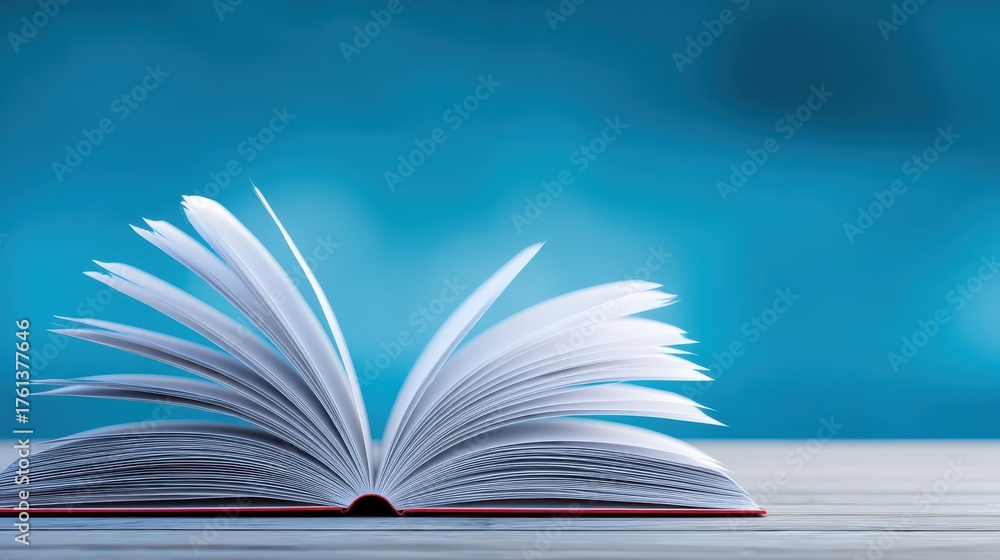 Fototapeta premium Open book rests on wooden table surface page filled book lies flat centered on rustic wood