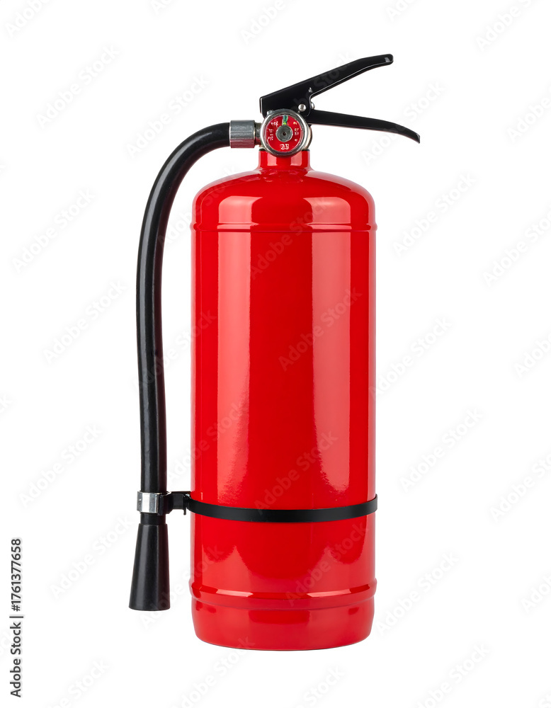 Obraz premium A simple, compact, bright red Fire Extinguisher (small size) standing upright, isolated