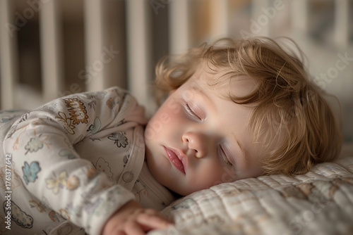 A delightful baby boy with beautiful blonde hair looks incredibly adorable and peaceful as he rests comfortably in his warm and inviting crib   