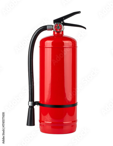 A simple, compact, bright red Fire Extinguisher (small size) standing upright, isolated