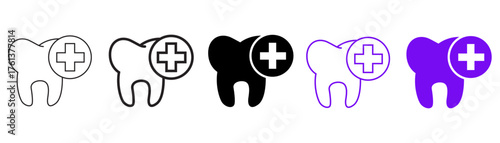 Set of minimalist tooth icons with transparent background, depicting dental health and treatment symbols for dentistry applications, oral hygiene, and medical care, vector illustration