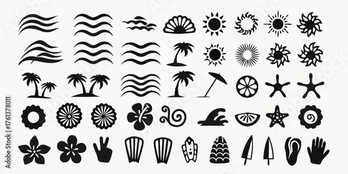 Collection of black silhouette icons representing summer vacation and beach themes including waves suns palm trees shells and flowers