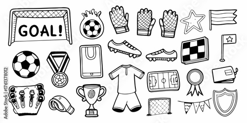 Collection of hand drawn soccer elements and equipment for sports and games