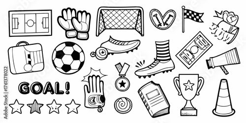 Collection of hand drawn soccer elements including a ball goal cleats trophy and field for sports design