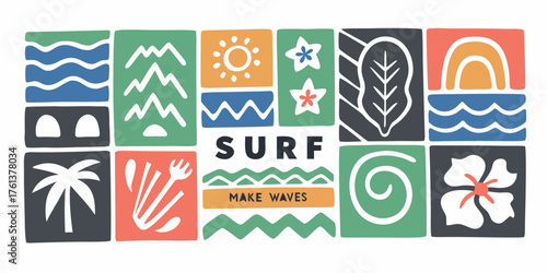 Retro surf make waves design with tropical elements and ocean waves in a grid layout