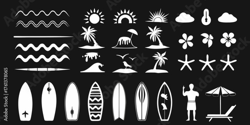 Collection of white tropical beach and surfing icons on black background