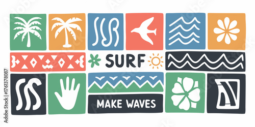 Retro surf graphic with palm trees waves sun bird flower and motivational text