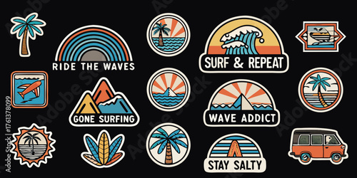 Collection of retro surf inspired patches and stickers with palm trees waves mountains and van