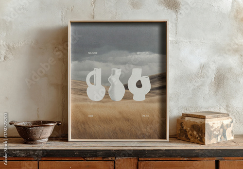 Rustic Framed Art On Wooden Shelf Mockup