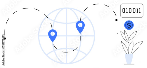 Globe with location pins, binary code, dollar coin, and plant. Ideal for technology, global business, finance, digital economy communication data transfer sustainability. Simple flat metaphor
