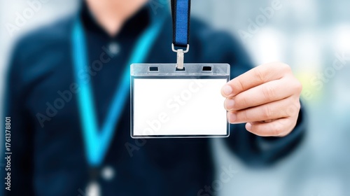 Person holds blank badge ready for identification badge awaits customization for identity or event access