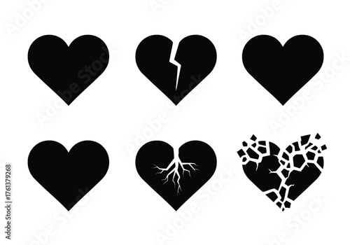 Vector illustration of set of black heart icons representing love and heartbreak
