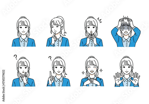 Vector illustration of woman showing various emotions and gestures