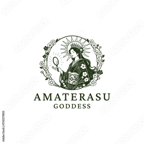 Vintage engraving of the Japanese Goddess Amaterasu, the Shinto solar deity. This elegant logo shows the goddess wearing a kimono and holding the sacred mirror, framed by a floral wreath