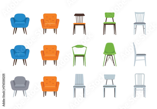 Vector illustration of collection of various chairs in different styles and colors