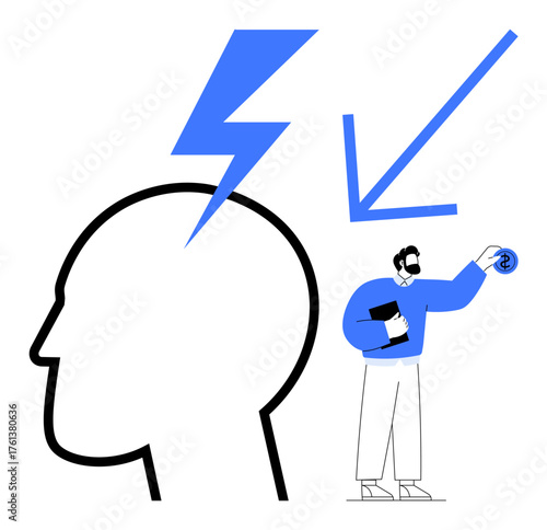 Human profile with a lightning bolt and arrow symbolizing ideas, man holding a coin. Ideal for creativity, innovation, solutions, leadership, problem-solving, motivation inspiration. Simple flat