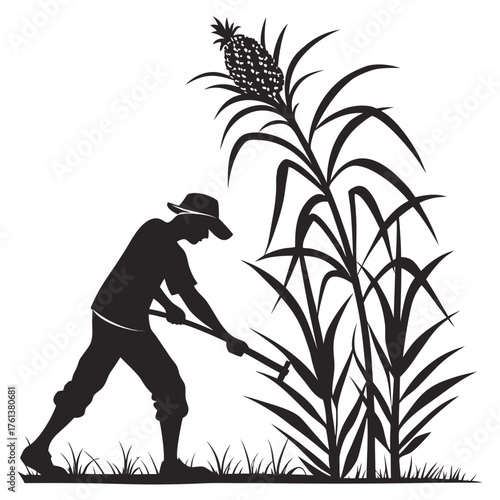 Farmer harvesting tall crops with a scythe