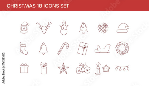 シンプルなクリスマスのモチーフアイコン18セット
