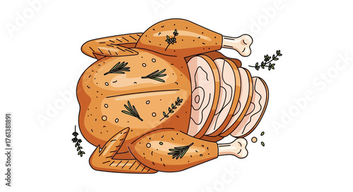 Illustration of a roasted turkey with slices cut, garnished with herbs.