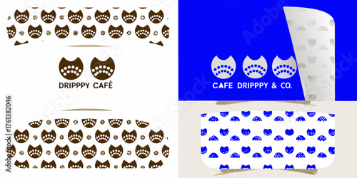 Cute cat face logo and patterns for coffee shop branding and packaging design