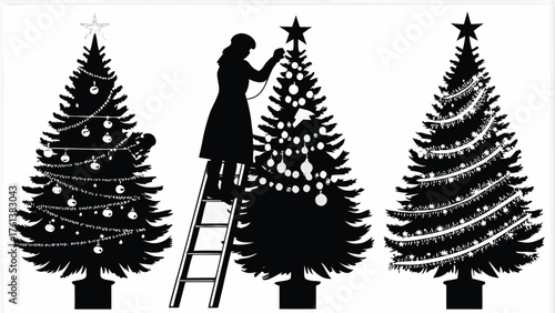 Silhouette Christmas tree decorating holiday season preparation