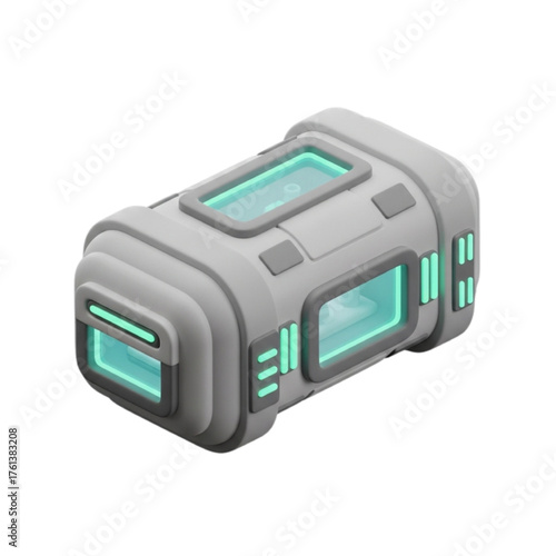 Futuristic cargo container with glowing turquoise windows, ready for space travel or intergalactic delivery, showcasing advanced technology and industrial design