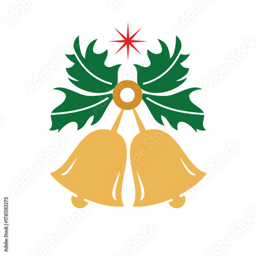 illustration of gold christmas bells with green leaves as accessories to beautify
