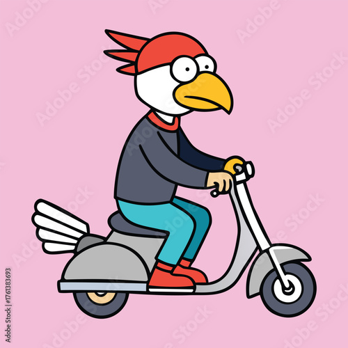 Cute cartoon bird riding retro scooter vector illustration