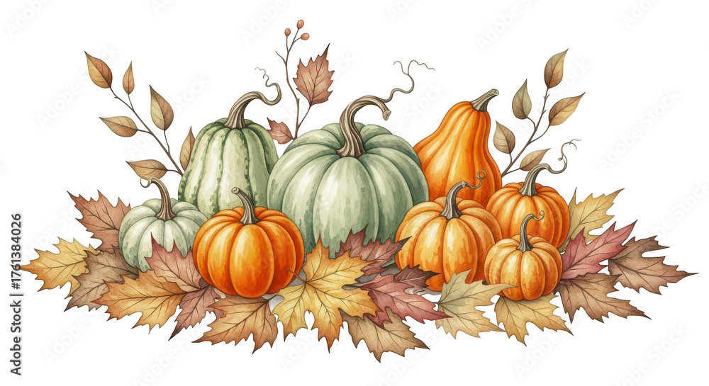 Naklejka premium Autumn harvest arrangement of colorful pumpkins and fall leaves isolated on transparent background