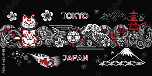 Vibrant japanese cultural illustration with tokyo and mount fuji motifs and a kitsune character