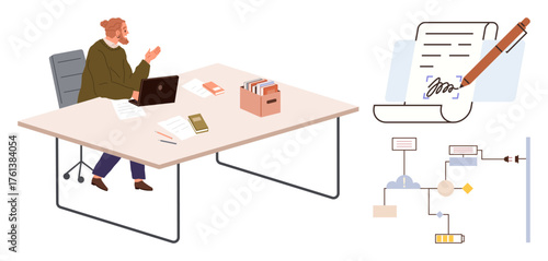 Man at desk working on laptop surrounded by folders and papers. Contract signing and flow diagram highlight organization. Ideal for business, productivity, workflow, planning, management, document