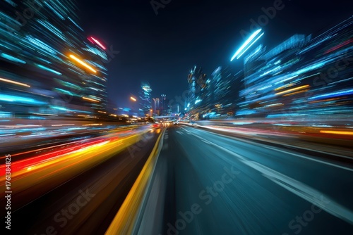 Night city lights streak past on a dark highway, motion blur effect. Use it for depicting speed, modern technology, or urban development.