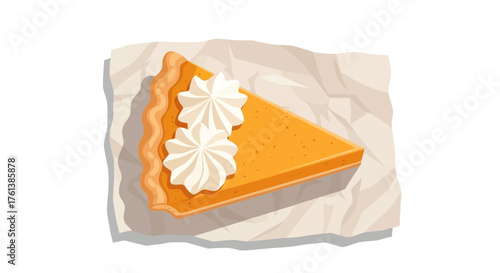 A delicious slice of pumpkin pie topped with whipped cream, served on a crumpled paper napkin.