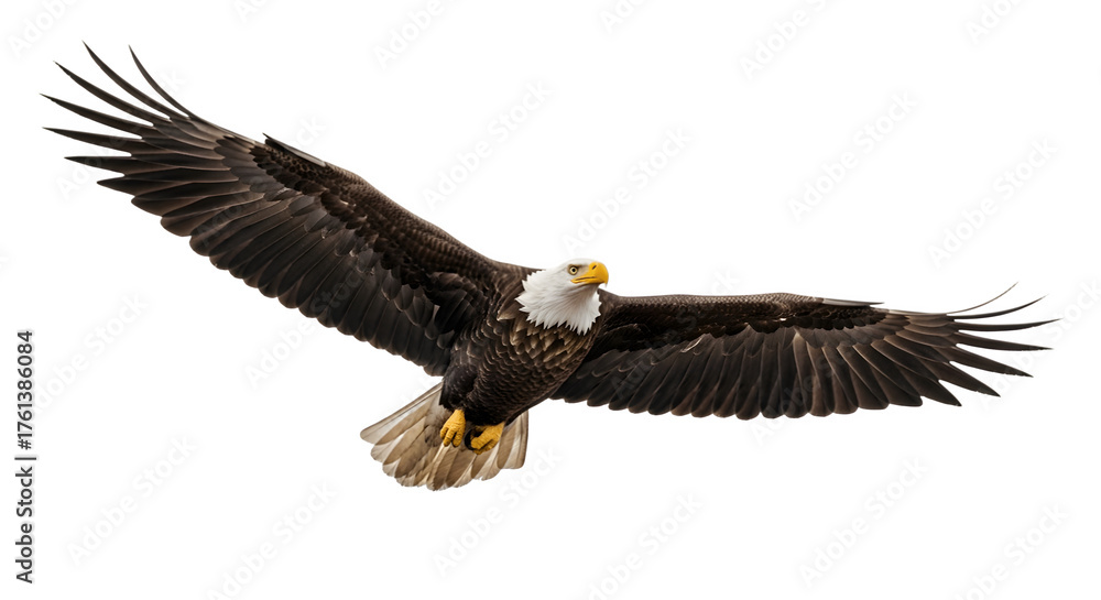 Naklejka premium Majestic bald eagle soaring through the sky with outstretched wings.