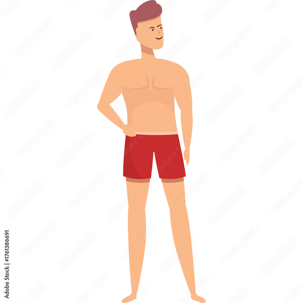 Naklejka premium Male figure with tanned skin and muscular physique wearing red swim shorts standing confidently with one hand on hip against a white background