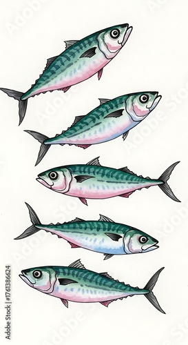 A beautiful vintage style illustration of five mackerel fish swimming.