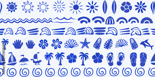 Collection of blue summer beach and ocean icons and symbols on white background