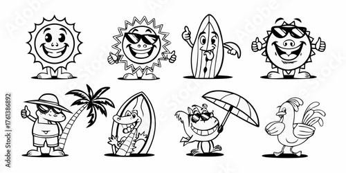 Collection of eight cheerful cartoon characters enjoying summer vacation activities in black and white line art