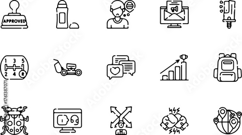 A collection of fifteen diverse black and white line art icons on a white background, representing various concepts.