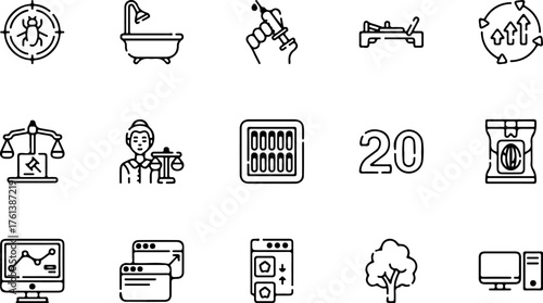 A diverse collection of fifteen black and white line art icons representing various themes like law, technology, and daily life.