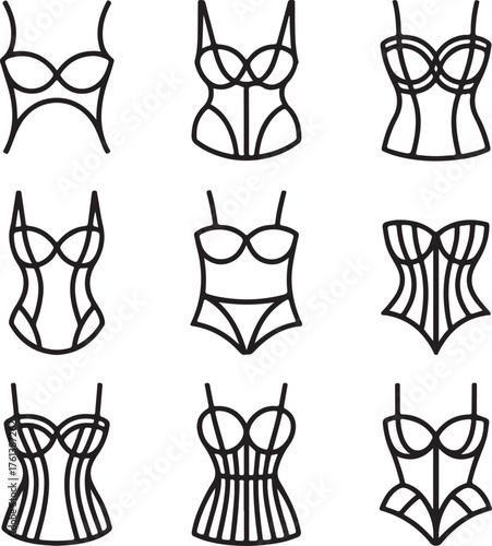 An assortment of nine different female corsets, bustiers, and lingerie bodysuit designs in a clean and modern outline vector style
