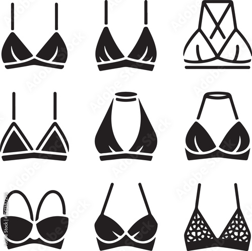 A vector glyph assortment of various female bra styles, including bralette, sports, and lace designs for apparel concepts