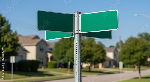Blank Green Street Signs in a Suburb on a Sunny Day