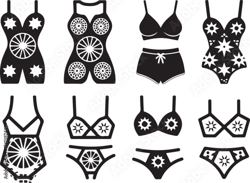 Vector silhouette set of various female swimsuits and bikinis decorated with creative summer-themed sun and star patterns for beachwear
