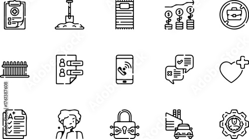 A collection of 15 black and white line art icons representing business, health, and technology concepts.